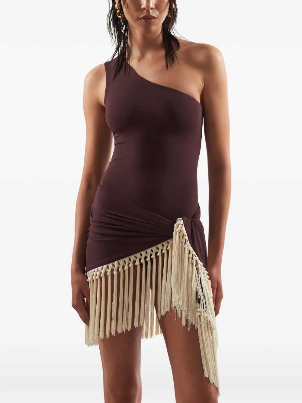  Taller Marmo One-shoulder Fringed Swimsuit - Brown 