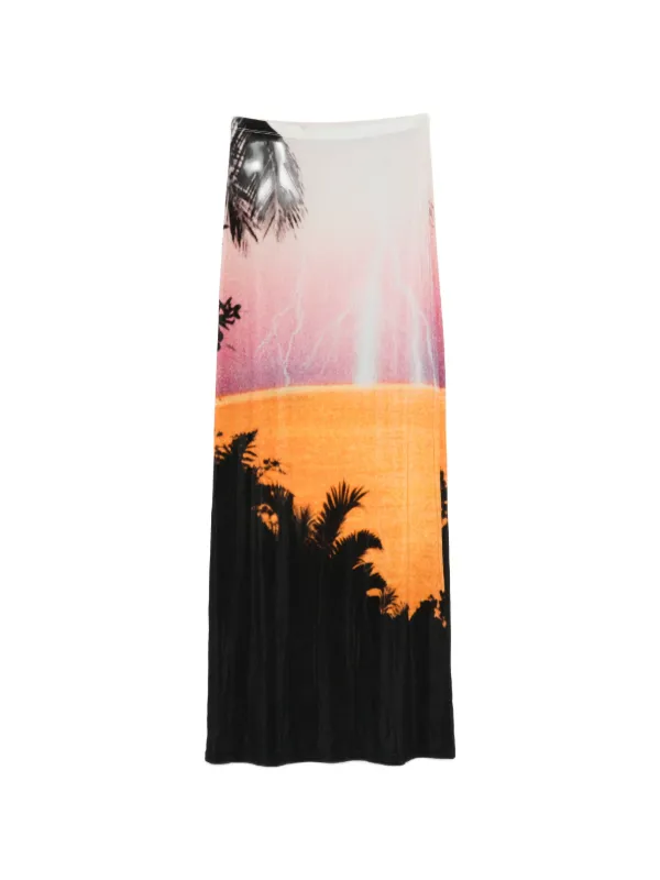 Rabanne Maxi Skirt in Thunderstorm-printed Second-skin Jersey in Pink