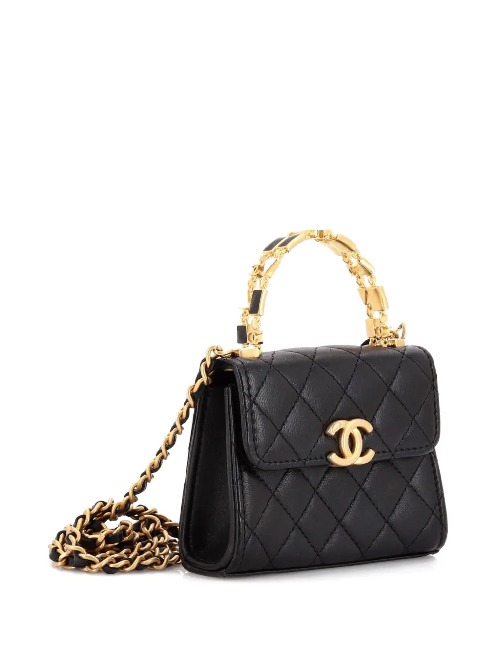 Pre-owned Chanel Coco Enamel Top Handle Flap Bag Quilted Lambskin Small Satchel In Black