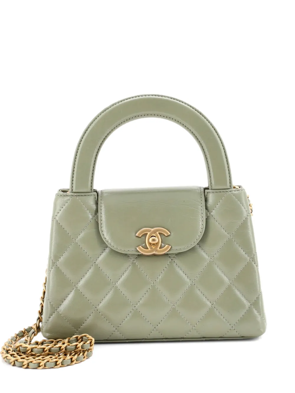 Pre-owned Chanel Kelly Top Handle Shopping Bag Quilted Shiny Aged Calfskin Mini Satchel In Green