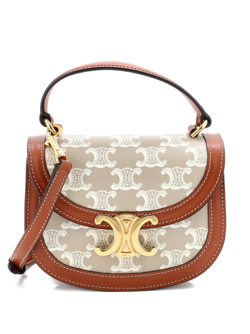 Pre-owned Celine Triomphe Besace Clea Top Handle Flap Bag Triomphe Coated Canvas Mini Satchel In Neutral