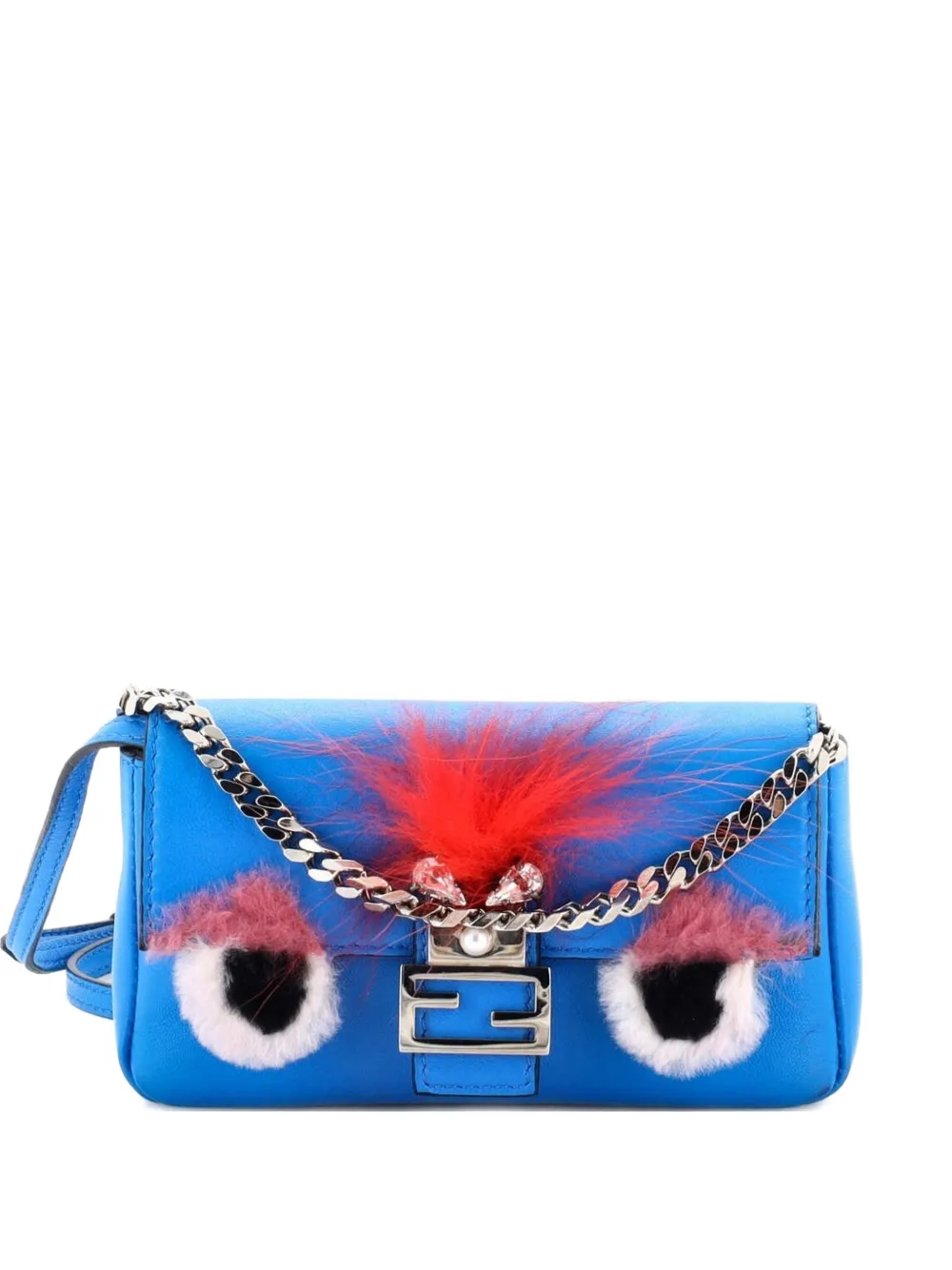 Pre-owned Fendi Monster Baguette Leather And Fur Micro Crossbody Bag In Blue