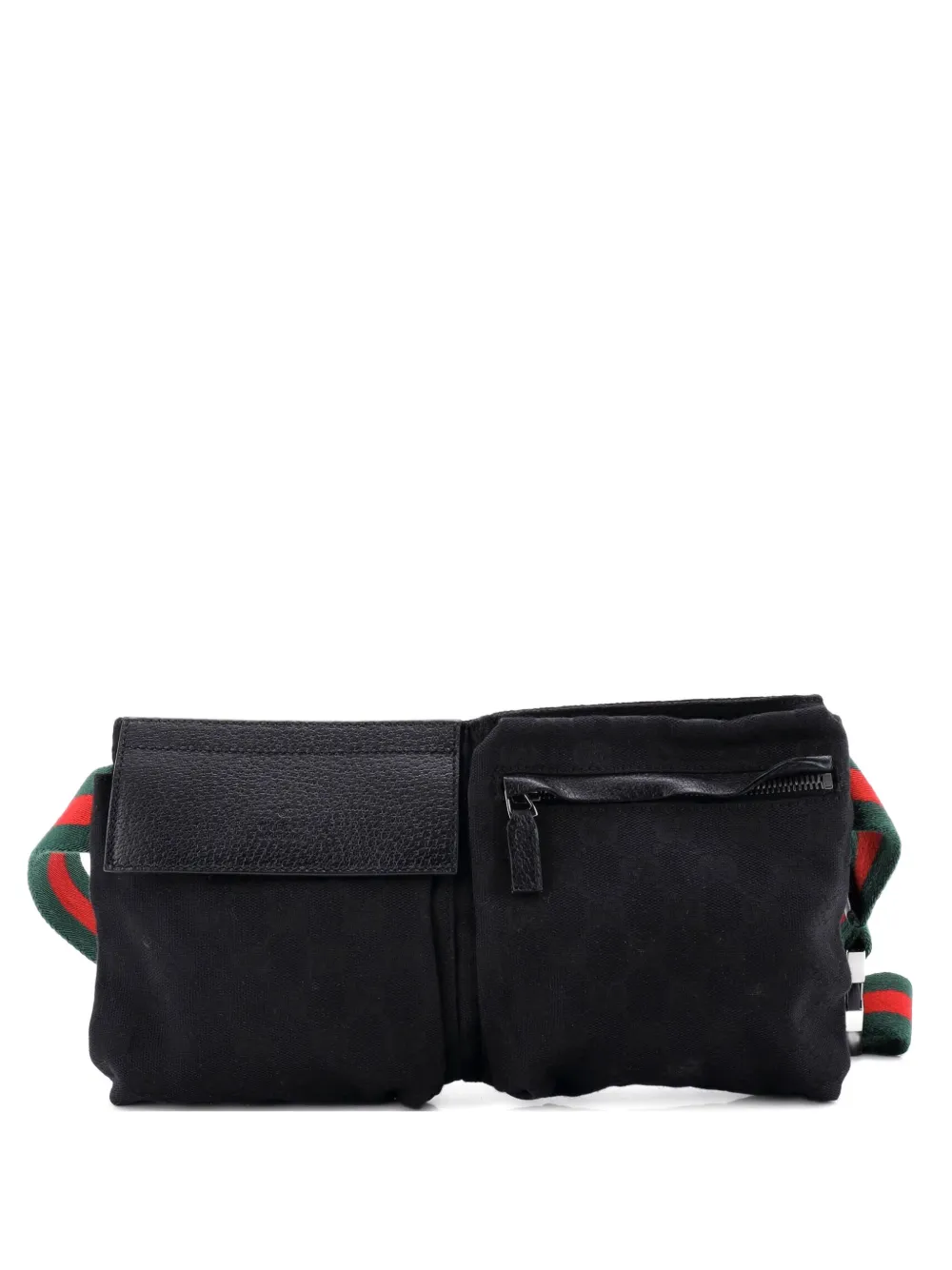 Pre-owned Gucci Vintage Double Gg Canvas With Leather Belt Bag In Black