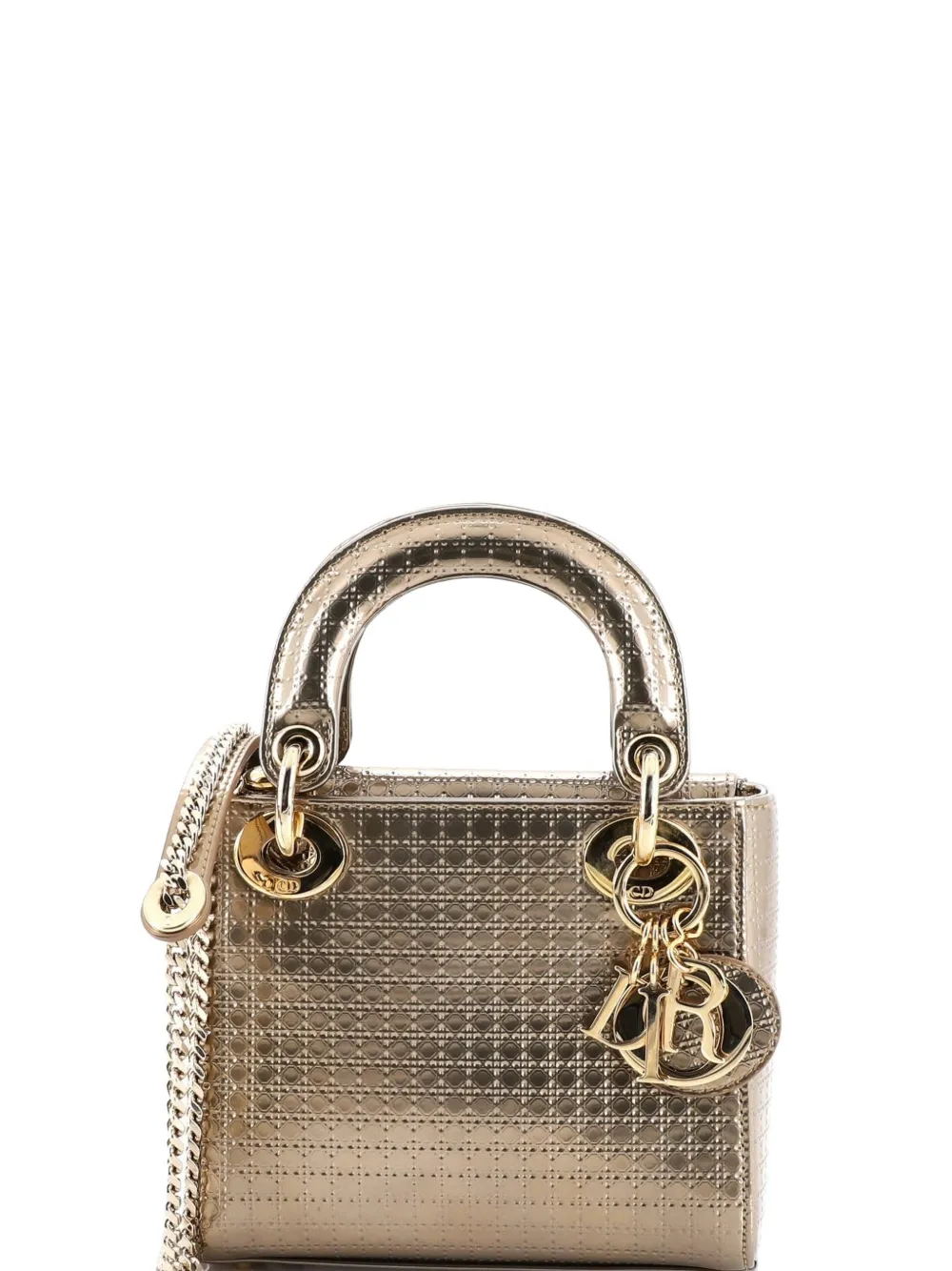 Pre-owned Dior Lady  Chain Bag Cannage Quilt Patent Mini Satchel In Gold