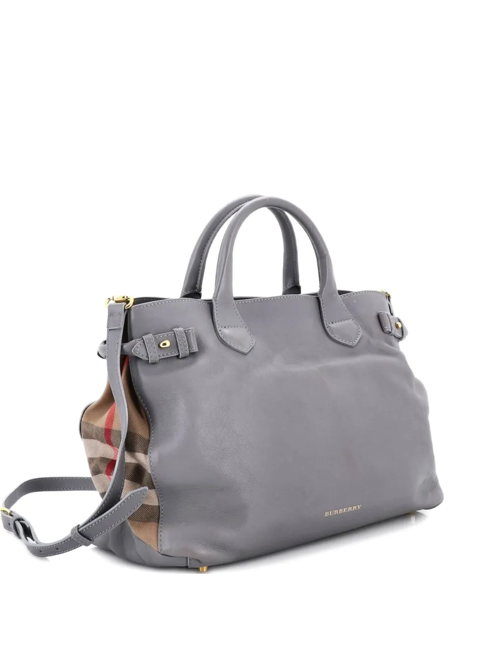 Pre-owned Burberry Banner Tote Leather And House Check Canvas Medium Satchel In Gray