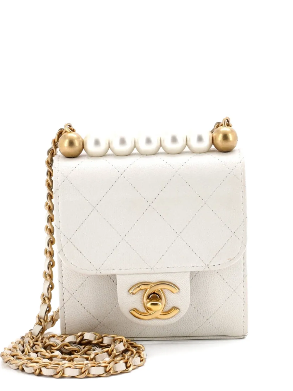Pre-owned Chanel Chic Pearls Flap Clutch With Chain Quilted Goatskin Mini Crossbody Bag In White
