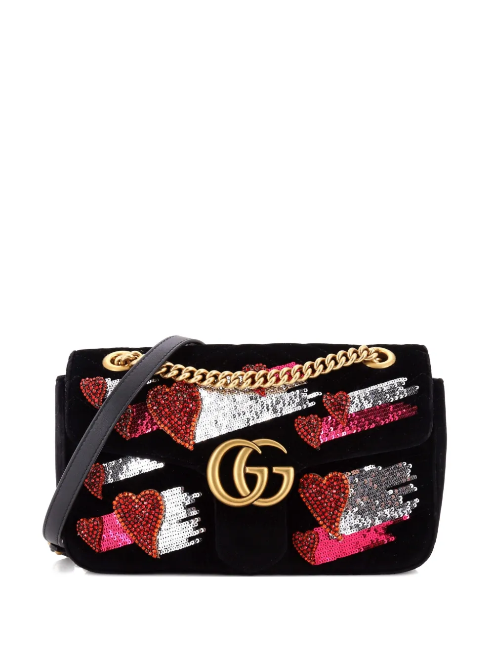 Gucci Pre-Owned GG Marmont Flap Bag Embellished Matelasse Velvet Small crossbody bag - Nero