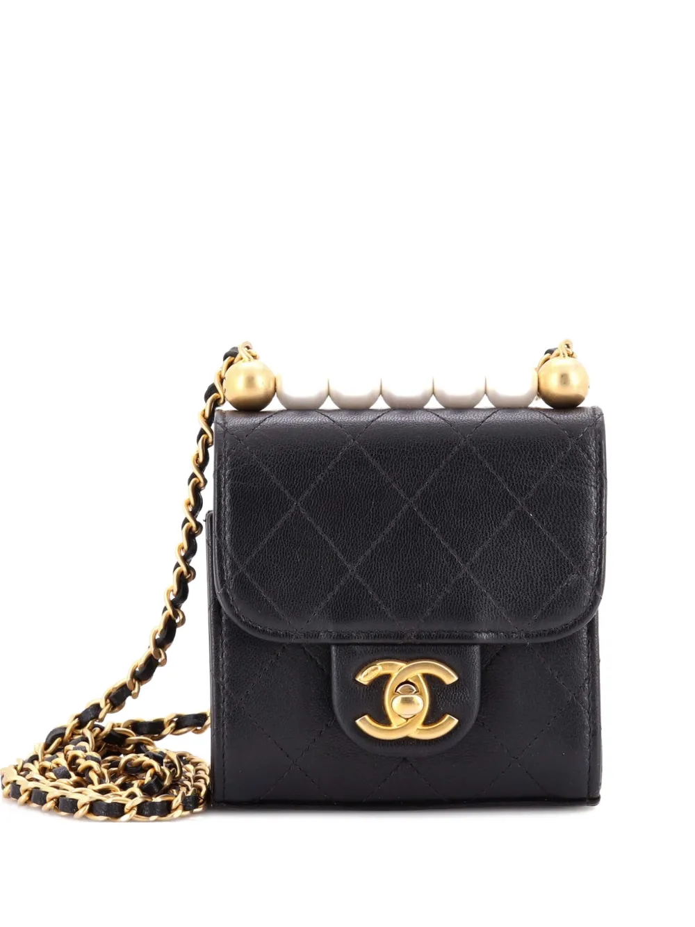 Pre-owned Chanel Chic Pearls Flap Clutch With Chain Quilted Goatskin Mini Crossbody Bag In Black