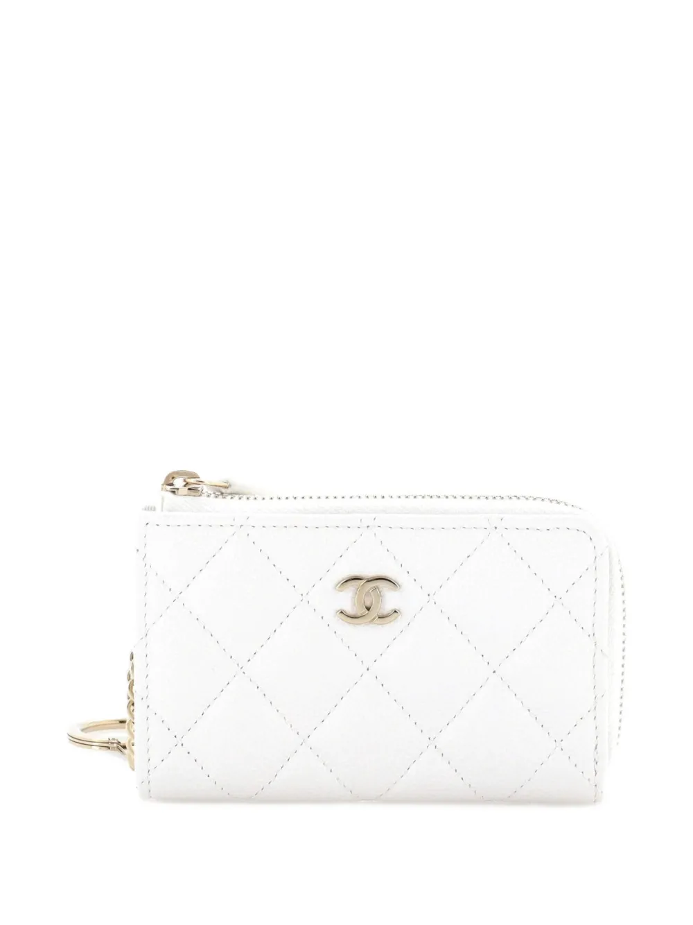 Pre-owned Chanel Zipped Key Holder Quilted Caviar Pouch In White