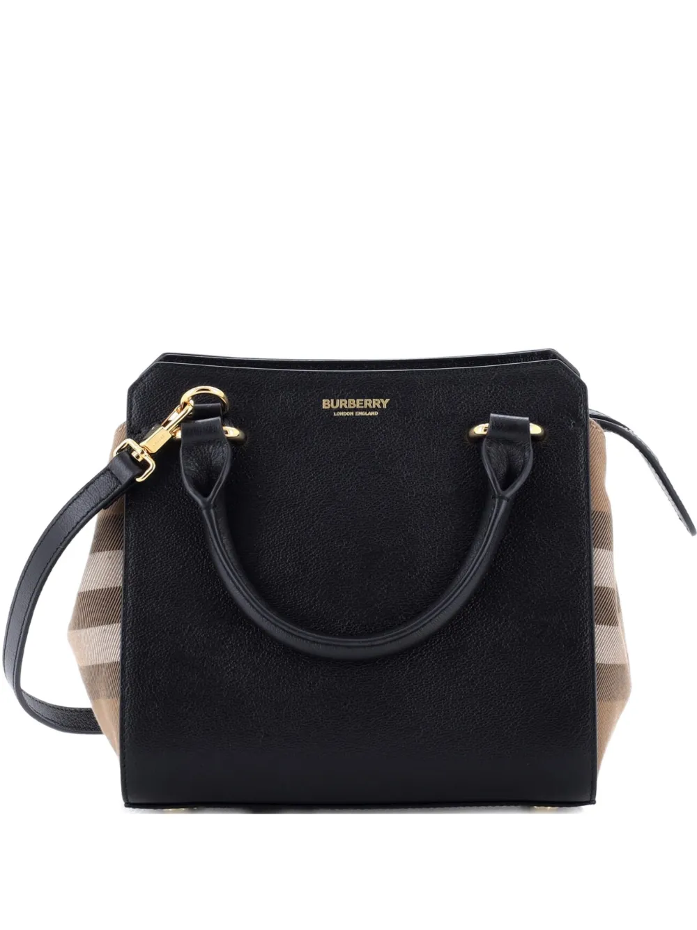 Pre-owned Burberry Banwell Leather And House Check Canvas Mini Tote Bag In Black