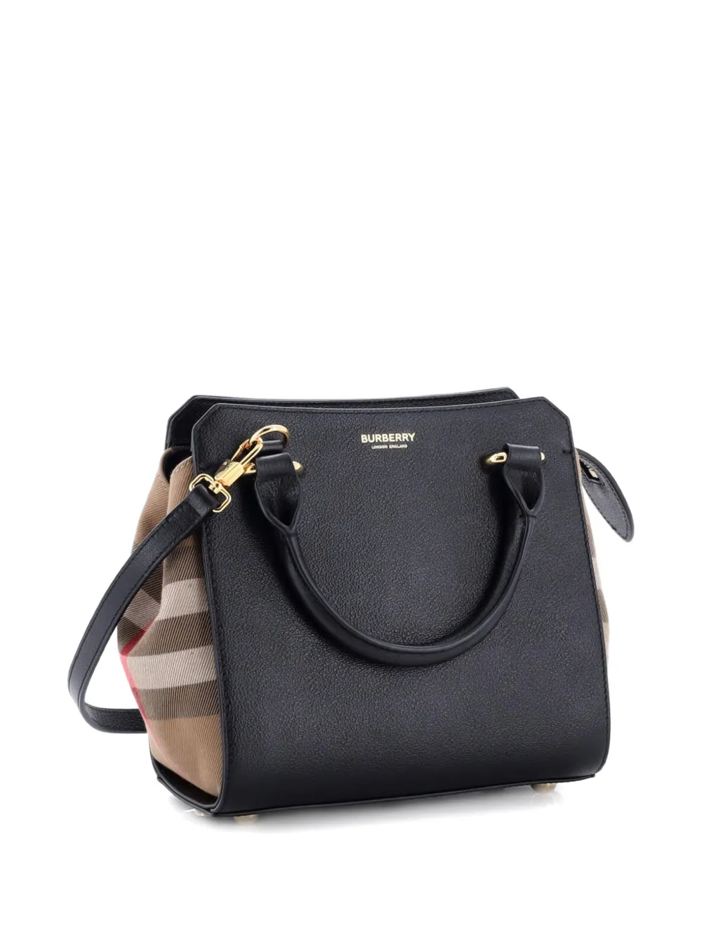 Pre-owned Burberry Banwell Leather And House Check Canvas Mini Tote Bag In Black