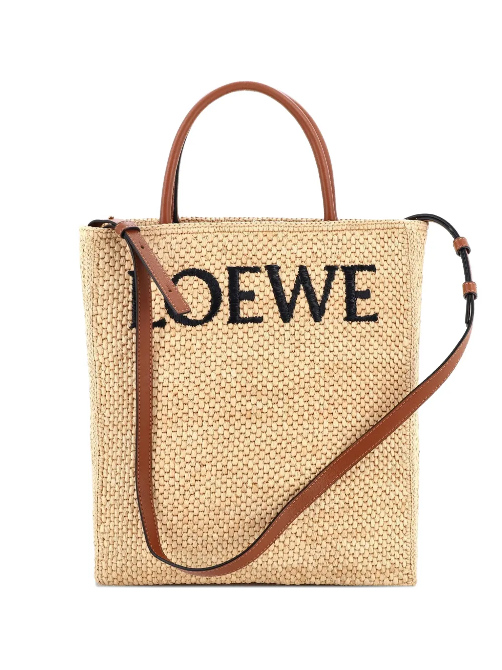 Pre-owned Loewe A4 Raffia And Leather North South Tote Bag In Brown