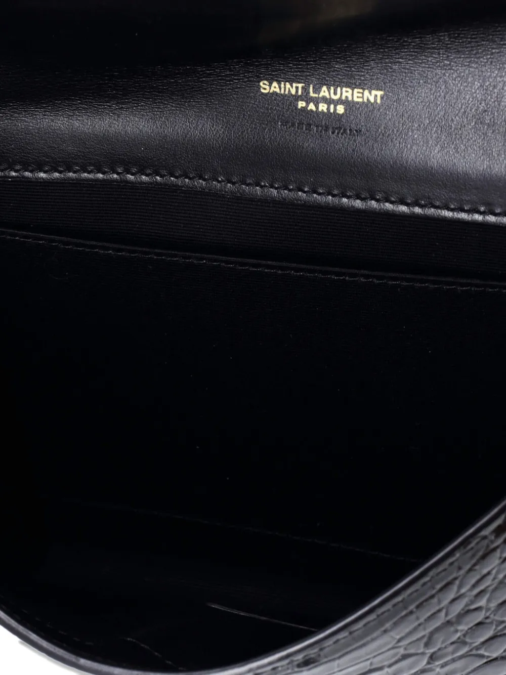 Pre-owned Saint Laurent Cassandre Flap Envelope Wristlet Pouch Crocodile Embossed Leather Clutch Bag In Black