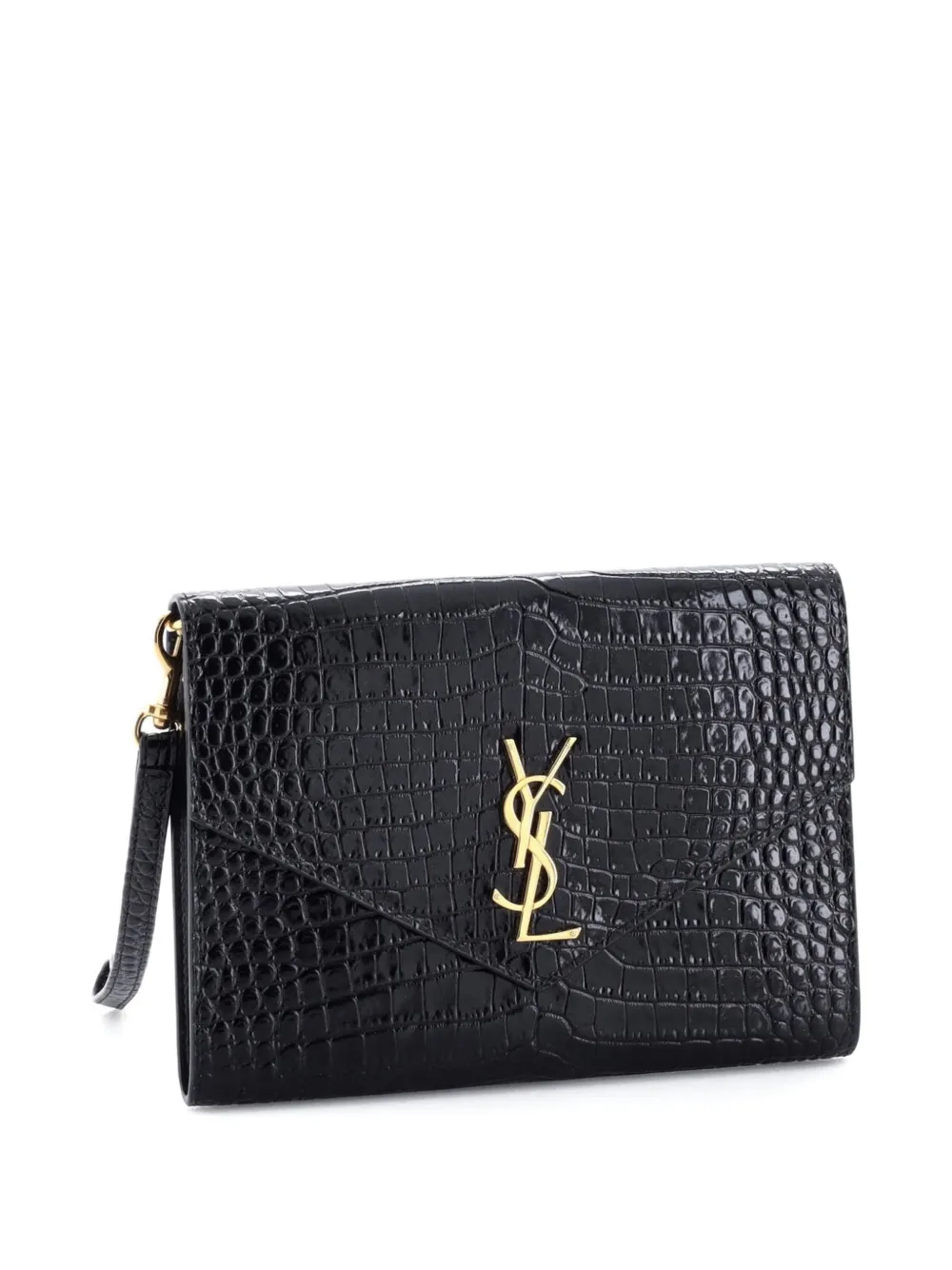 Pre-owned Saint Laurent Cassandre Flap Envelope Wristlet Pouch Crocodile Embossed Leather Clutch Bag In Black