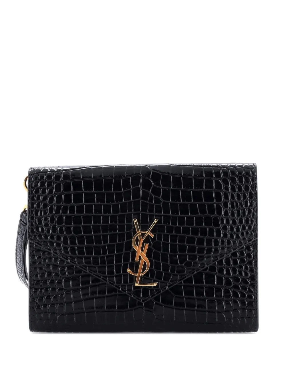 Pre-owned Saint Laurent Cassandre Flap Envelope Wristlet Pouch Crocodile Embossed Leather Clutch Bag In Black