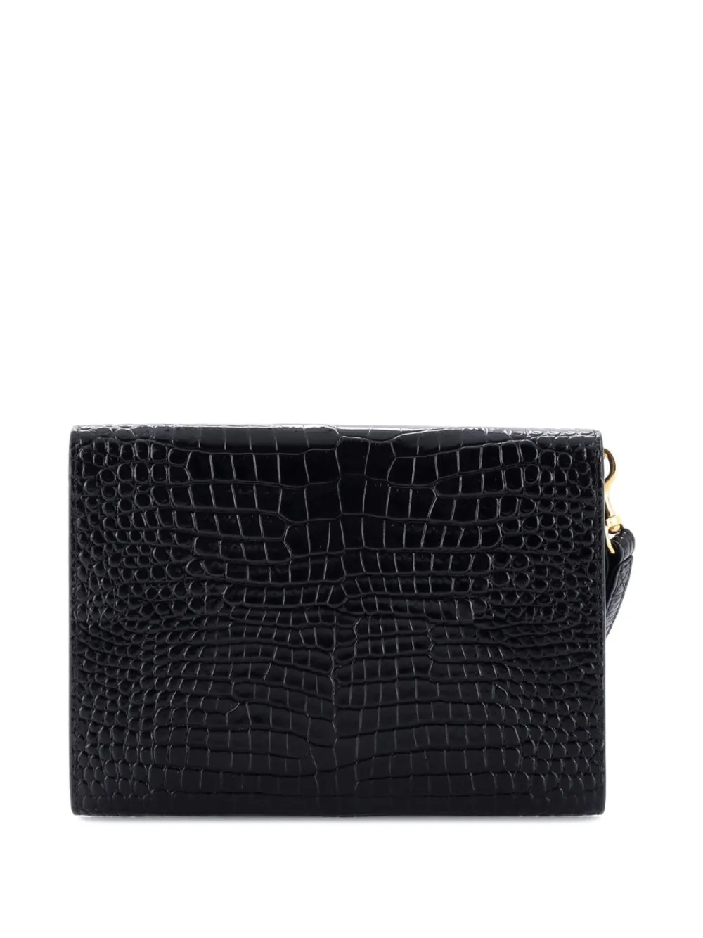 Pre-owned Saint Laurent Cassandre Flap Envelope Wristlet Pouch Crocodile Embossed Leather Clutch Bag In Black