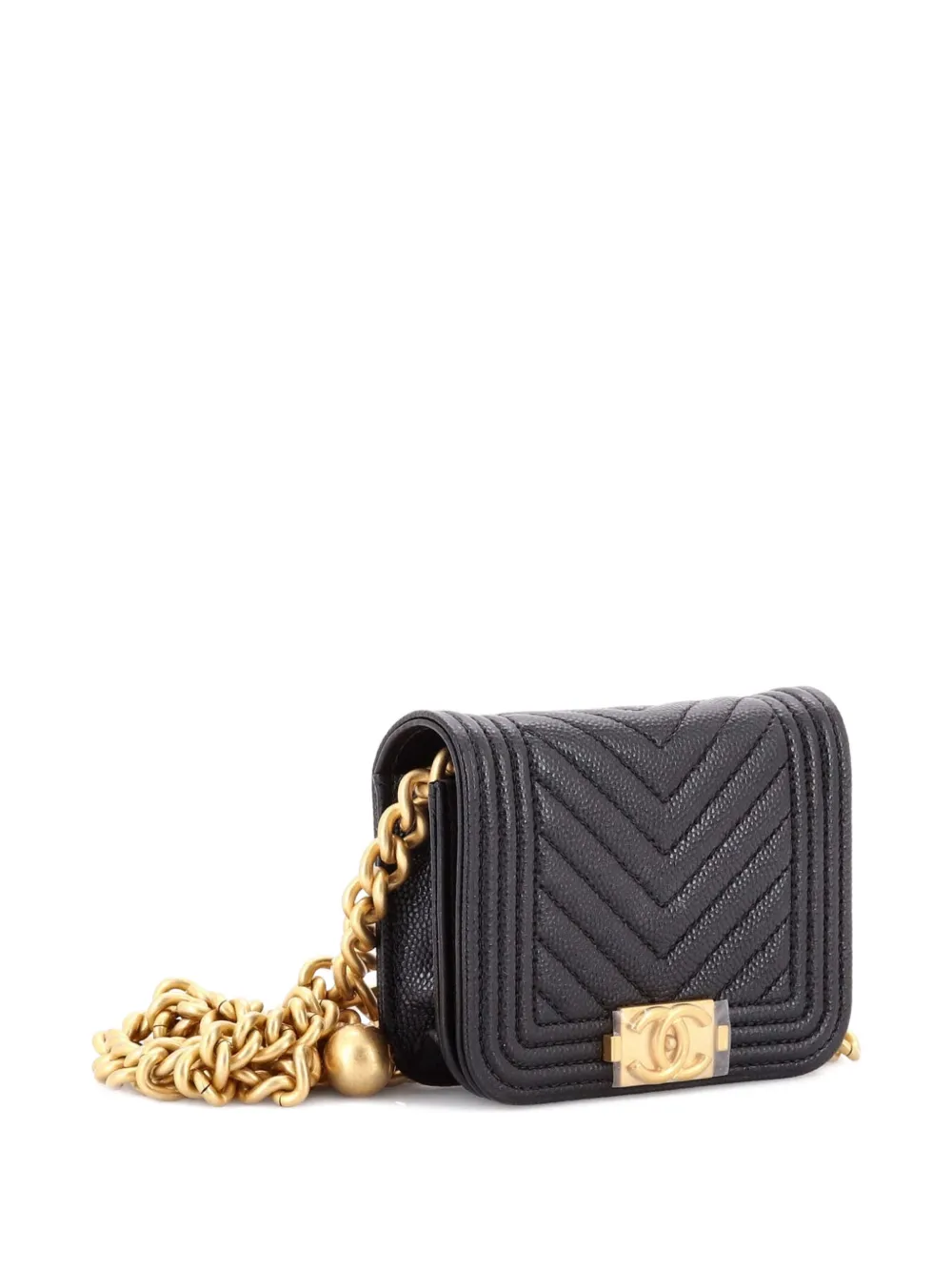 Pre-owned Chanel Boy Flap Chain Chevron Caviar Belt Bag In Black