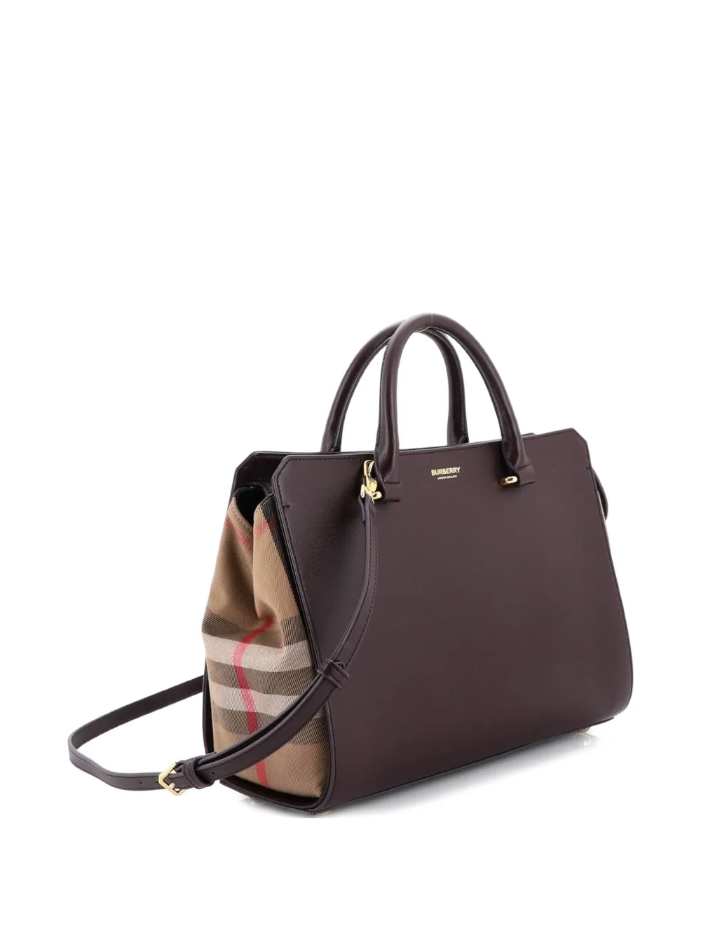 Pre-owned Burberry Banwell Leather And House Check Canvas Small Tote Bag In Red