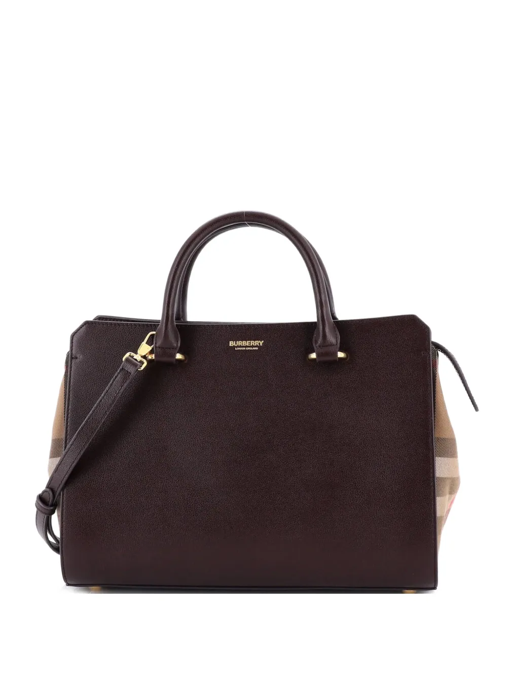 Pre-owned Burberry Banwell Leather And House Check Canvas Small Tote Bag In Red