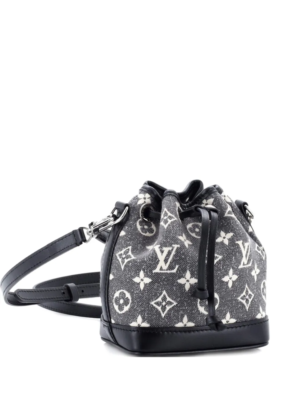 Pre-owned Louis Vuitton Noe Nm Handbag Monogram Jacquard Denim Nano Bucket Bag In Black