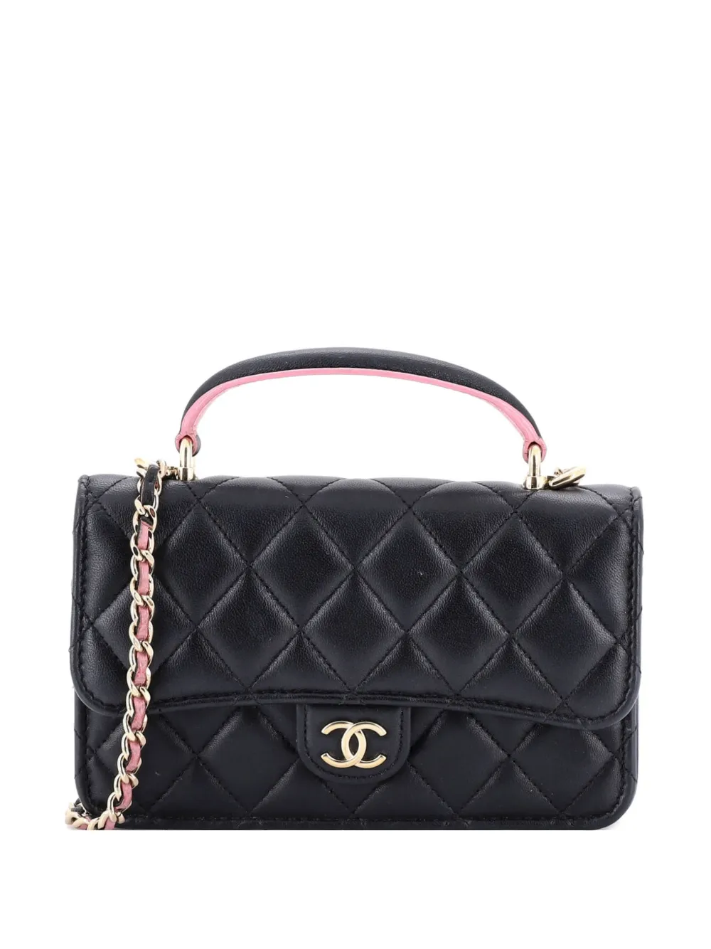 CHANEL Pre-Owned Classic Top Handle Flap Phone Holder with Chain Quilted Lambskin crossbody bag - Nero