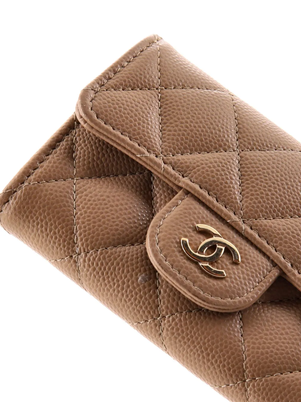 Pre-owned Chanel Classic Flap Case Quilted Caviar Card Holder In Neutral