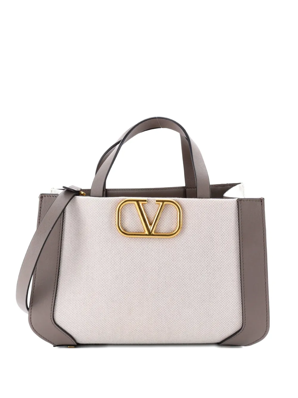 Pre-owned Valentino Garavani Vlogo Shopper Canvas And Leather Small Tote Bag In Gray