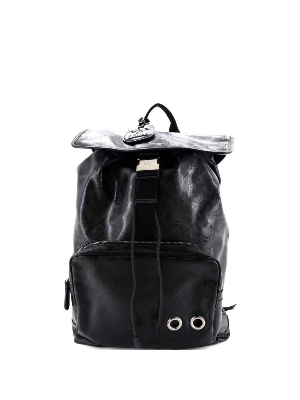 Pre-owned Gucci Buckle Gg Imprime Large Backpack In Black