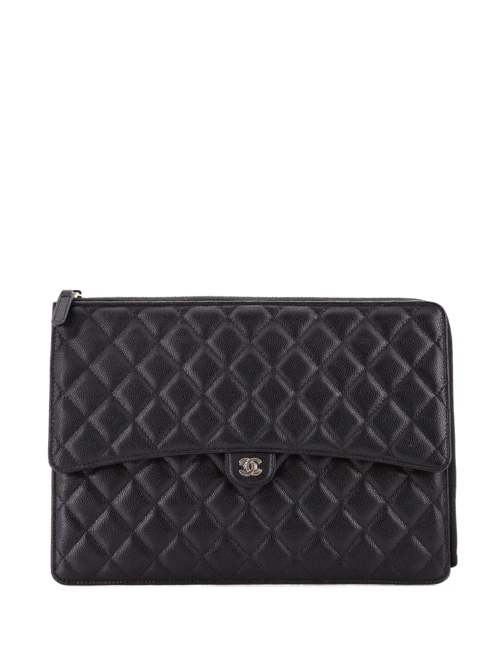 Pre-owned Chanel Flap Zip Quilted Caviar Large Clutch Bag In Black