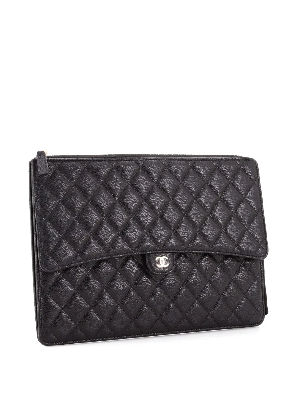 Pre-owned Chanel Flap Zip Quilted Caviar Large Clutch Bag In Black