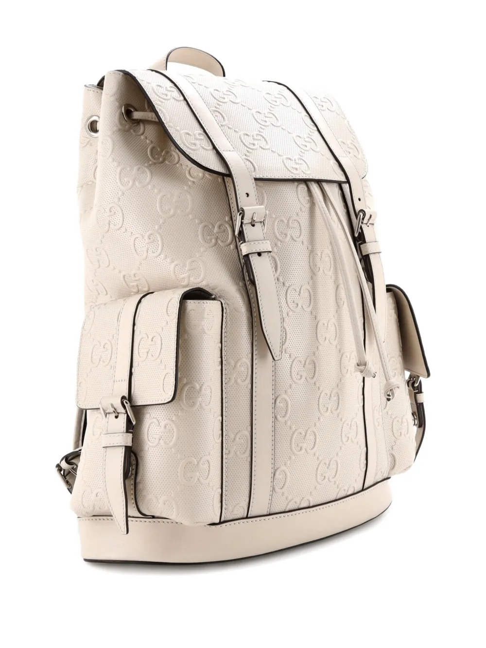 Pre-owned Gucci Double Buckle Gg Embossed Perforated Leather Large Backpack In White
