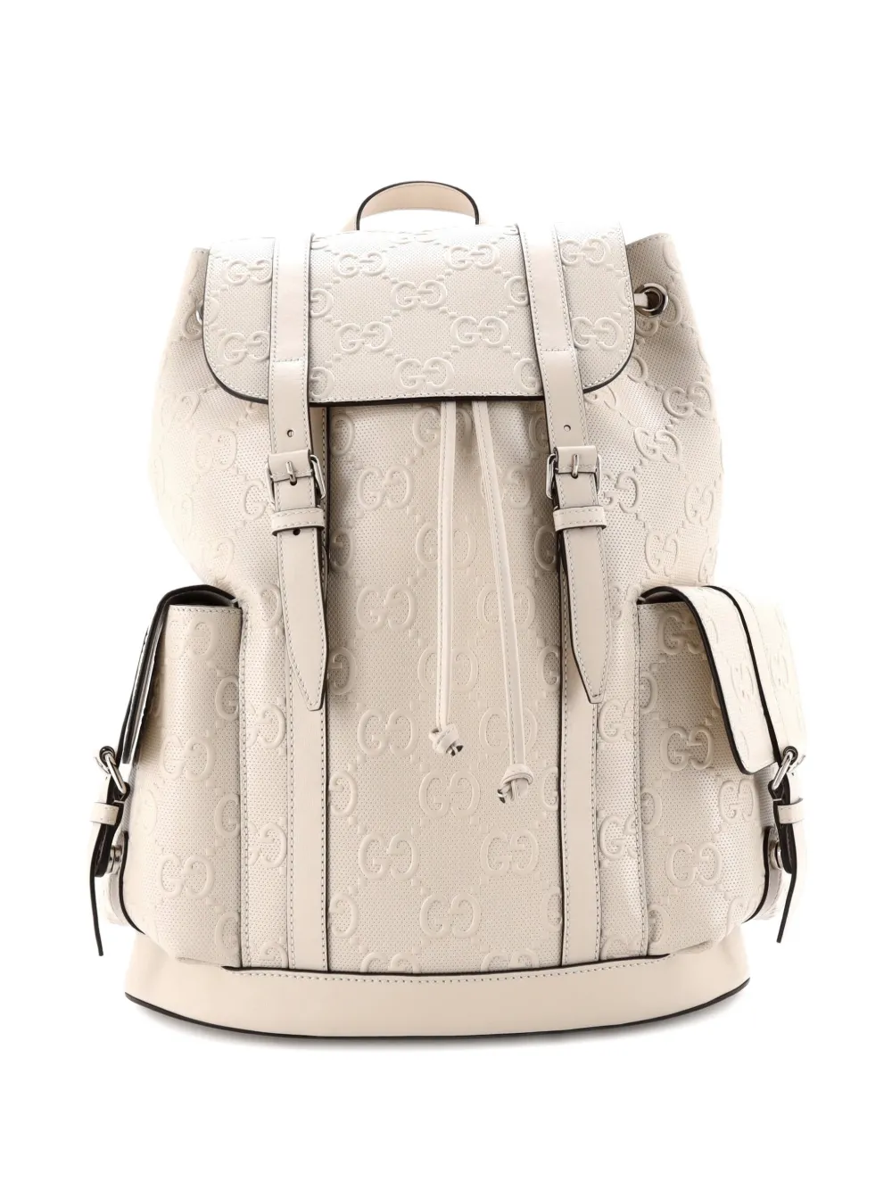 Pre-owned Gucci Double Buckle Gg Embossed Perforated Leather Large Backpack In White