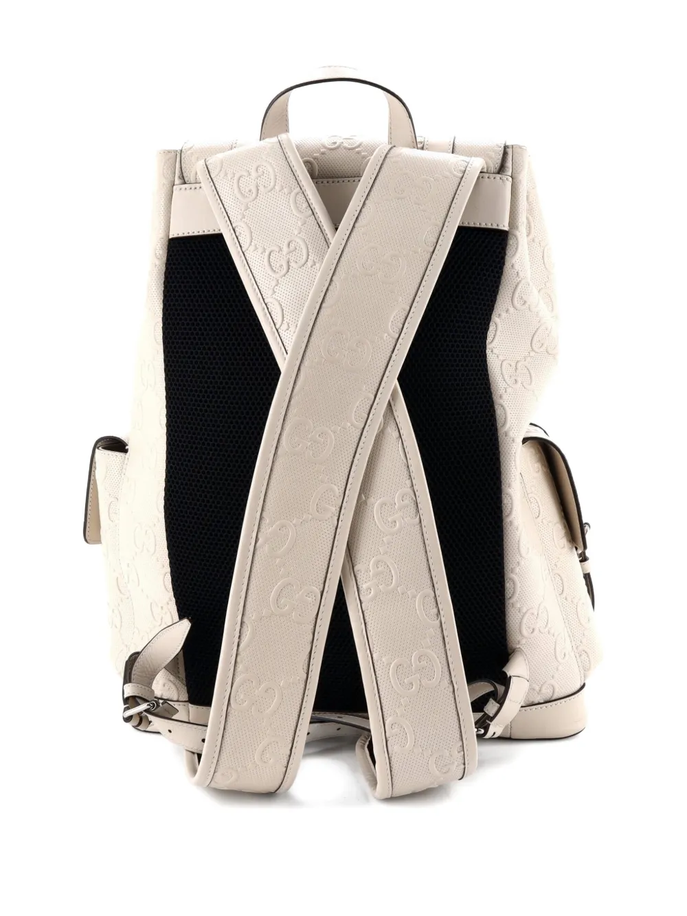 Pre-owned Gucci Double Buckle Gg Embossed Perforated Leather Large Backpack In White