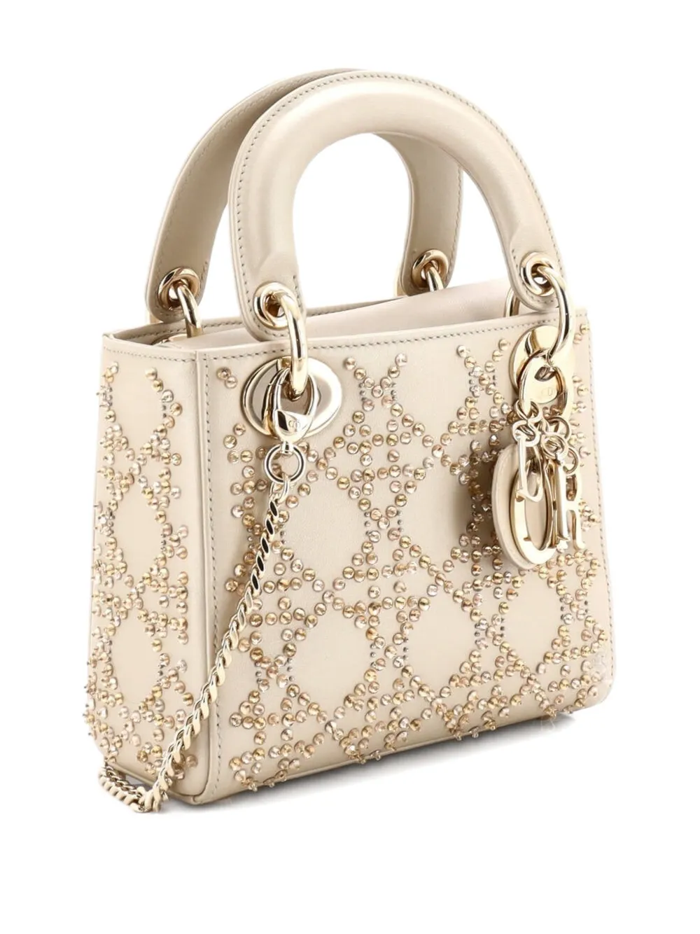 Pre-owned Dior Lady  Chain Bag Crystal Embellished Cannage Quilt Leather Mini Satchel In Neutral