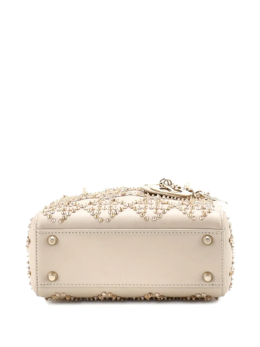 Pre-owned Dior Lady  Chain Bag Crystal Embellished Cannage Quilt Leather Mini Satchel In Neutral