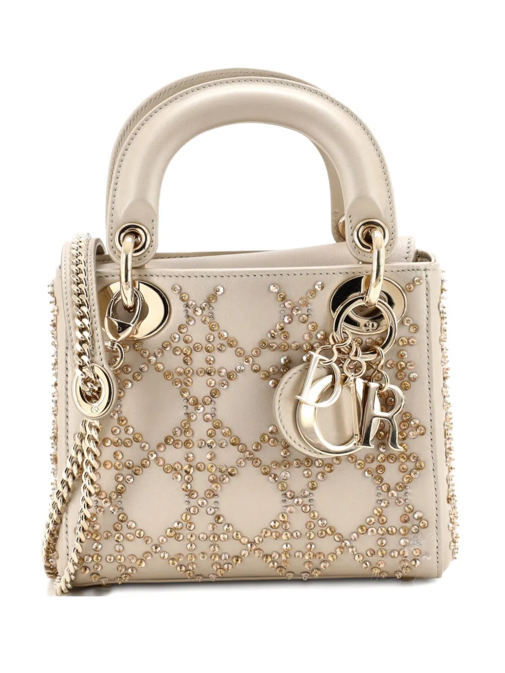 Pre-owned Dior Lady Chain Bag Crystal Embellished Cannage Quilt Leather Mini Satchel In Neutral