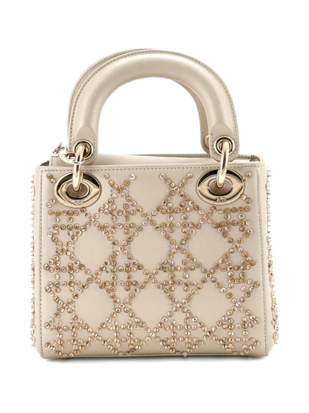 Pre-owned Dior Lady  Chain Bag Crystal Embellished Cannage Quilt Leather Mini Satchel In Neutral
