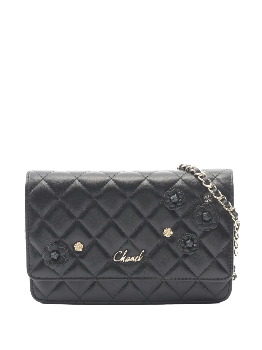 CHANEL Pre-Owned Borsa a tracolla Camellia Charms in pelle di agnello trapuntata con catena 2019 - Nero