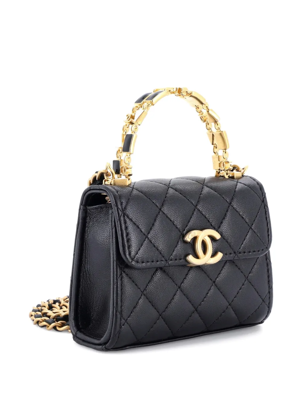 Pre-owned Chanel Coco Enamel Top Handle Flap Bag Quilted Lambskin Small Satchel In Black