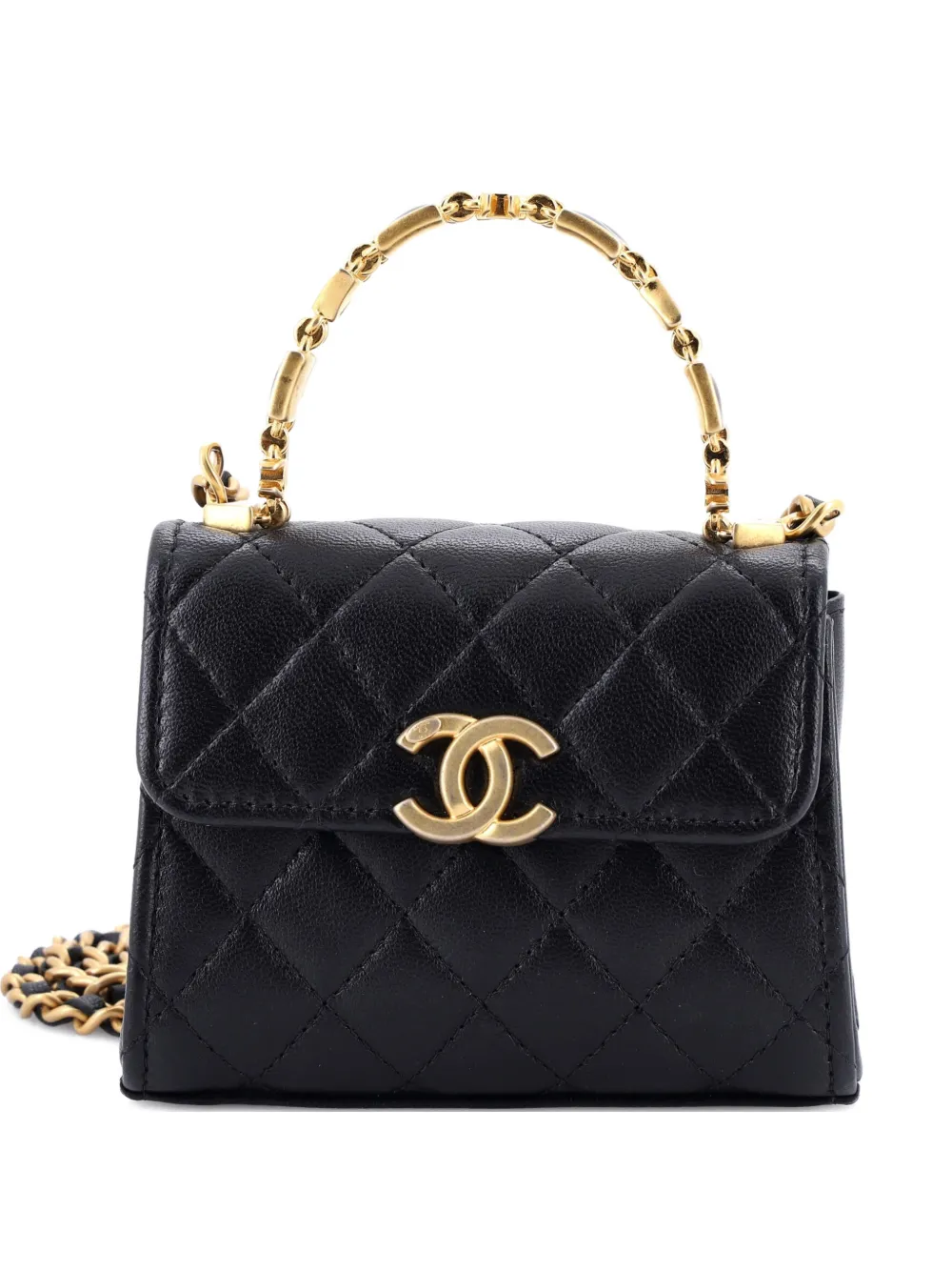 Pre-owned Chanel Coco Enamel Top Handle Flap Bag Quilted Lambskin Small Satchel In Black