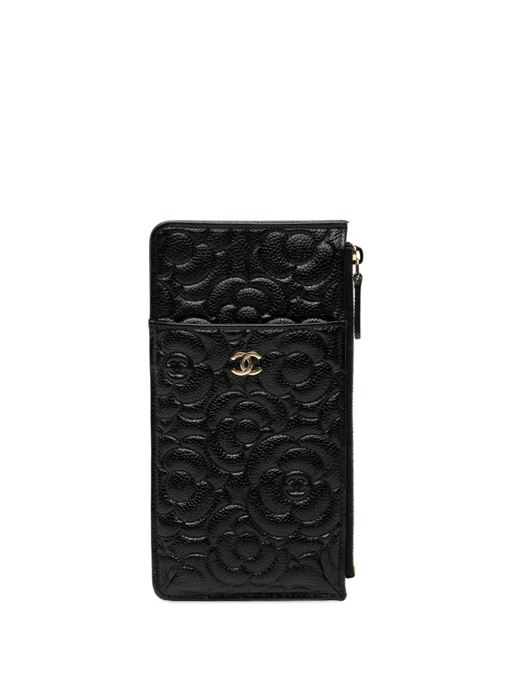 CHANEL Pre-Owned 2019 CC Embossed Caviar Camellia Flat Wallet Pouch phone case | Black | Image 1