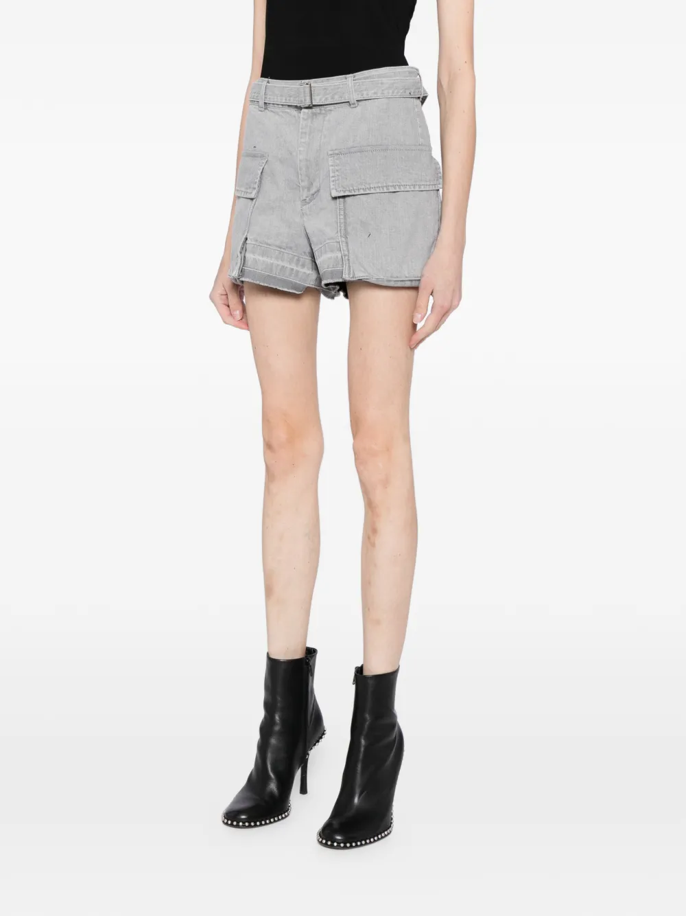  Sacai Belted Denim Shorts - Grey 