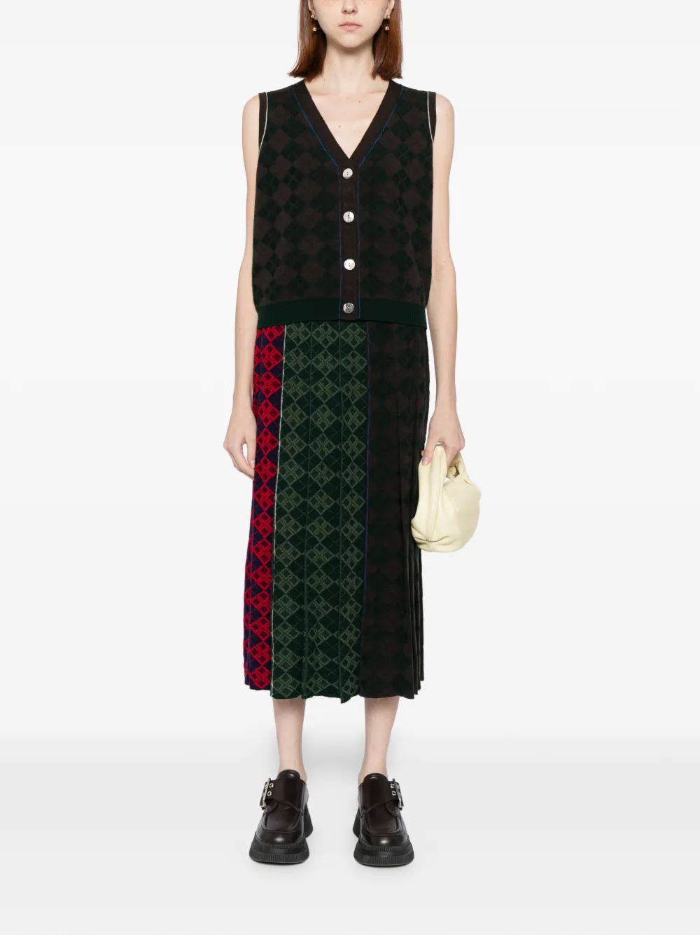 YANYAN KNITS argyle-checked midi skirt - Bruin