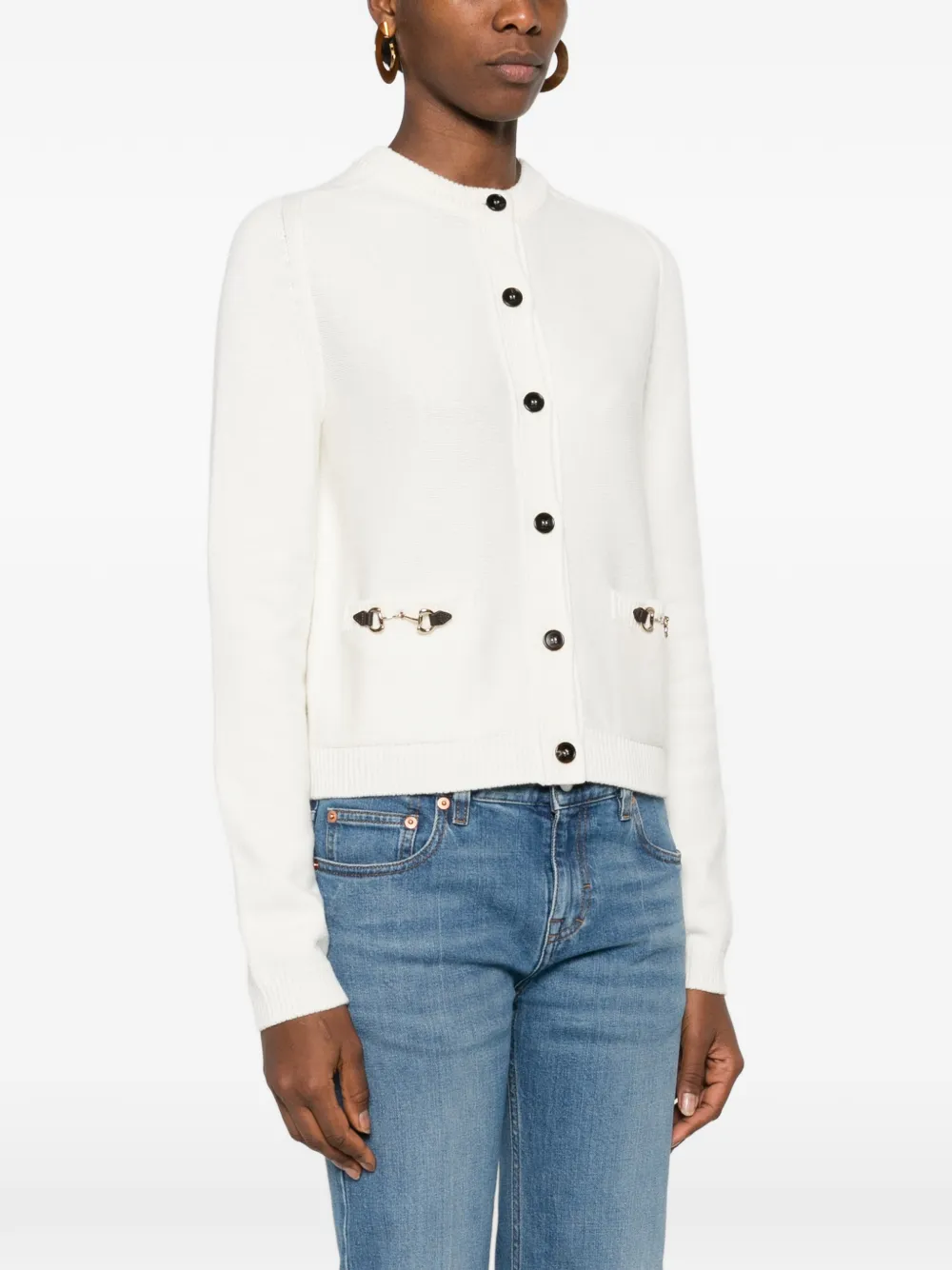 Gucci Wool Cashmere Cardigan with Horsebit in White, view 3