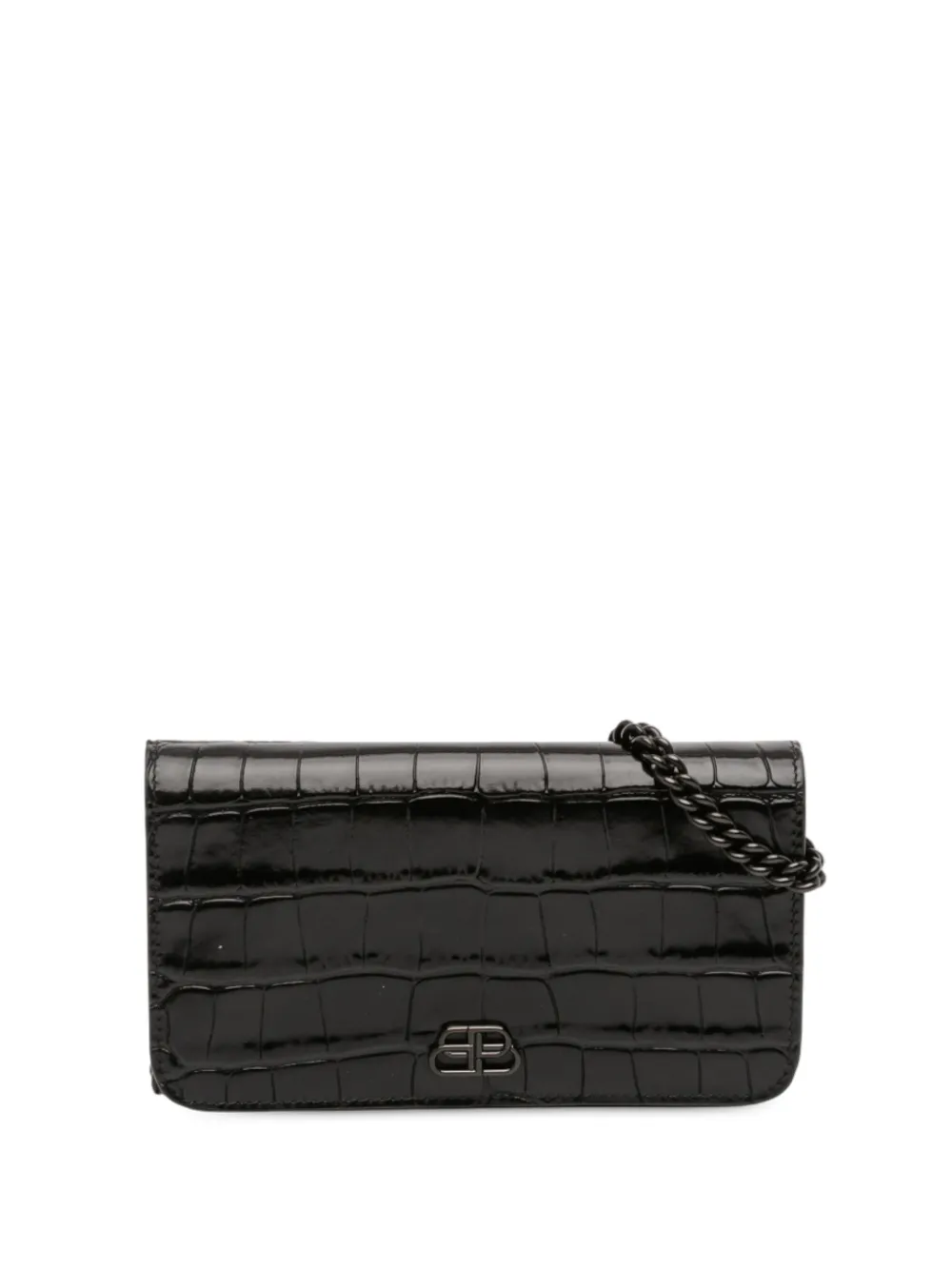 Balenciaga Pre-Owned 2019 Croc Embossed Leather BB Phone Holder with Chain crossbody bag - Nero
