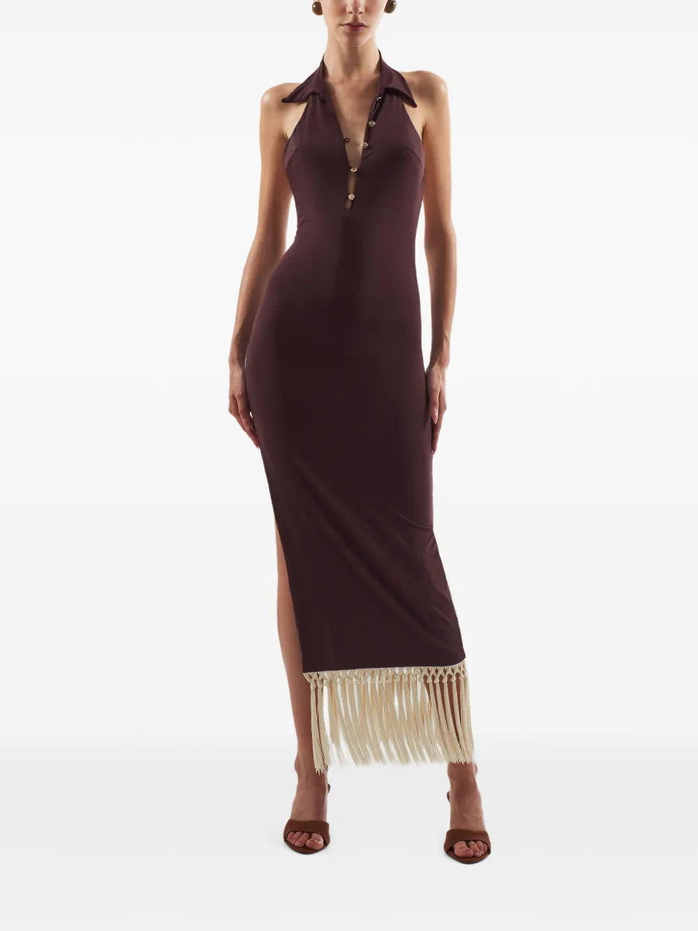 Taller Marmo Tropicana midi-jurk met franje kraag Bruin
