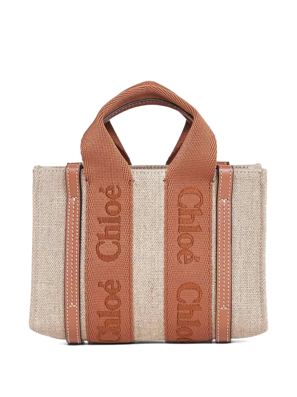 Chloé Woody logo embroidery double handle tote bag - Beige