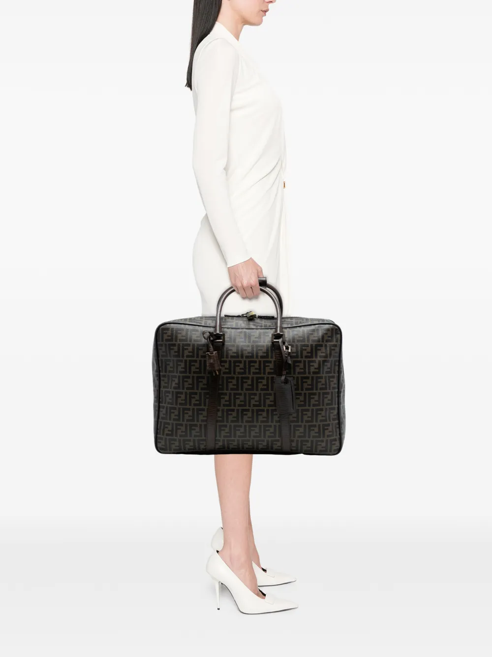 Pre-owned Fendi 2000-2010 Zucca Coated Canvas Suitcase Travel Bag In Brown