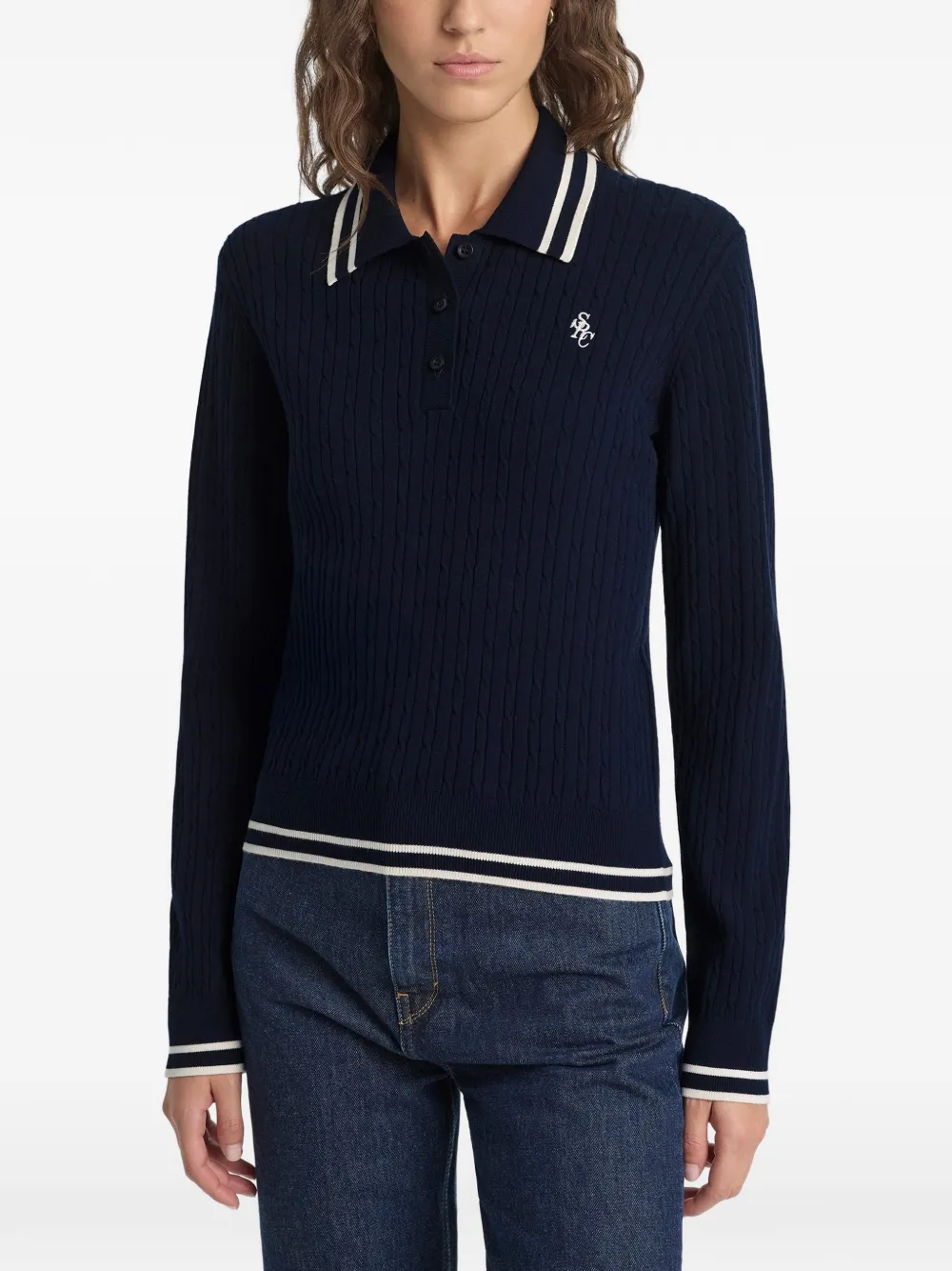 Sporty & Rich Kabelgebreid poloshirt met strepen Blauw
