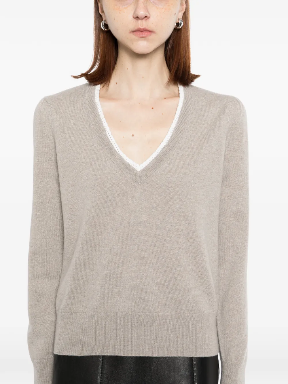 Lace-Trim V-Neck Sweater